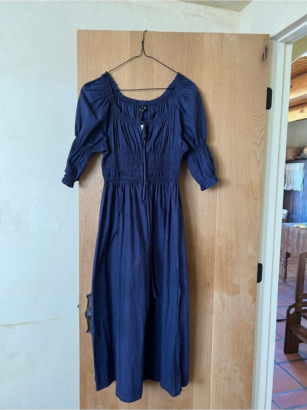 Smocked Waist Navy Midi Dress with Puff Sleeves
